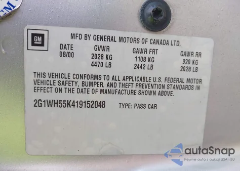 2001 Chevrolet Impala Ls из США, поврежденный, VIN 2G1WH55K419152048